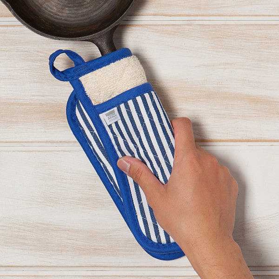 Kitchen Relish Decor | Pot Holder Oven Mitt Set - Blue Stripe