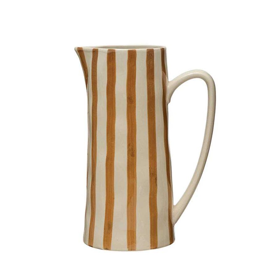 Table Relish Decor | Stoneware Pitcher - White And Brown Stripe