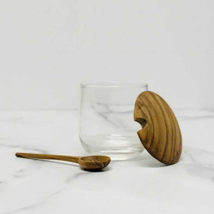 Kitchen Relish Decor | Teak & Glass Jar With Spoon