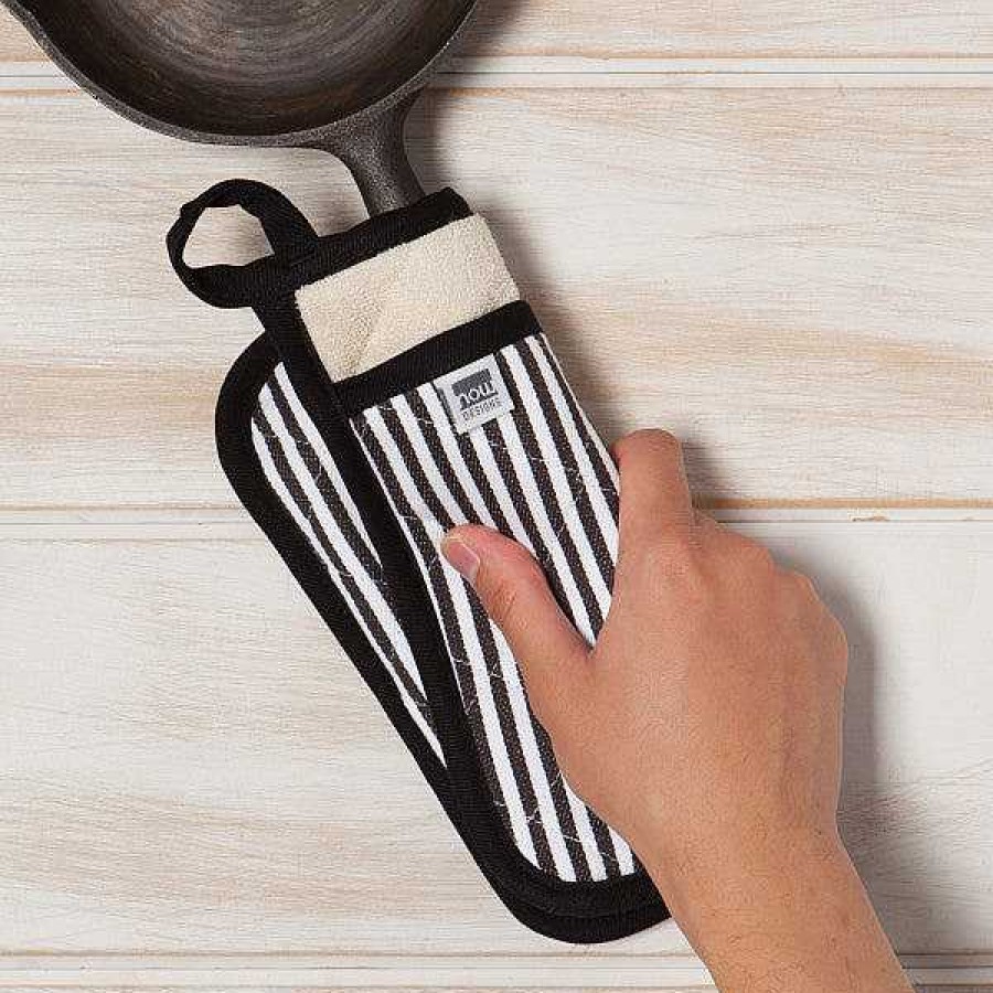 Kitchen Relish Decor | Pot Holder Oven Mitt Set - Pinstripe Black