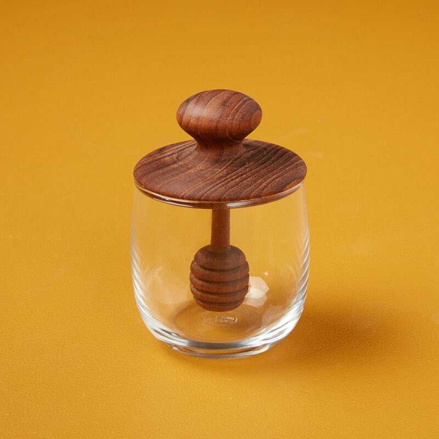 Kitchen Relish Decor | Teak & Glass Mini Honey Jar