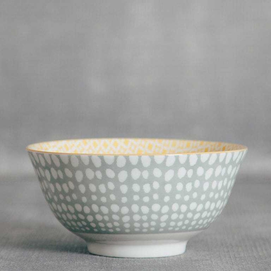 Kitchen Relish Decor | Stamped Bowl - Grey Yellow Dots