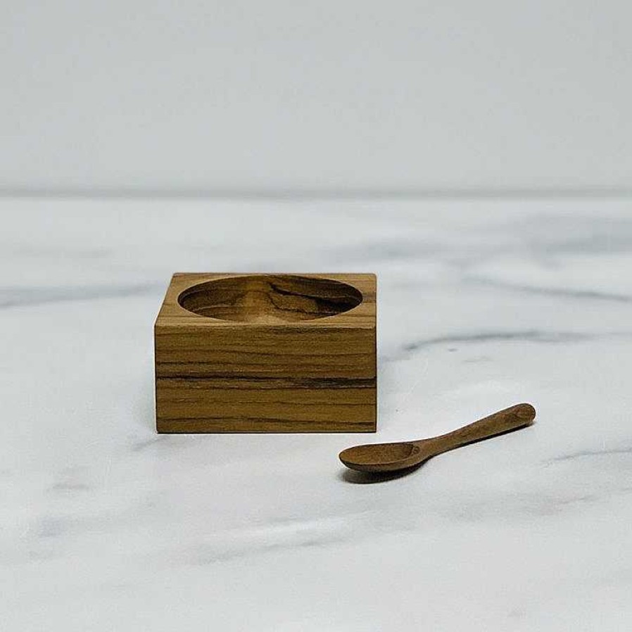 Kitchen Relish Decor | Teak Square Cellar With Spoon