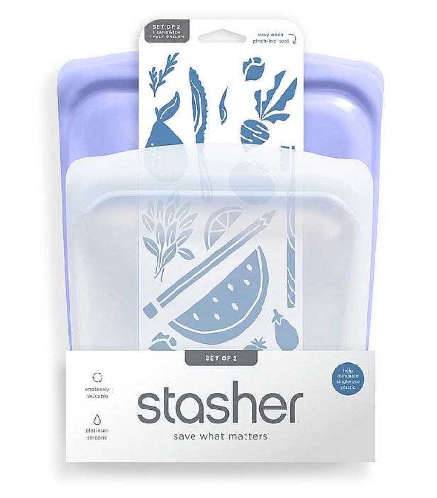 Kitchen Relish Decor | Stasher Half-Gallon & Sandwich 2 Pack - Lavender And Clear