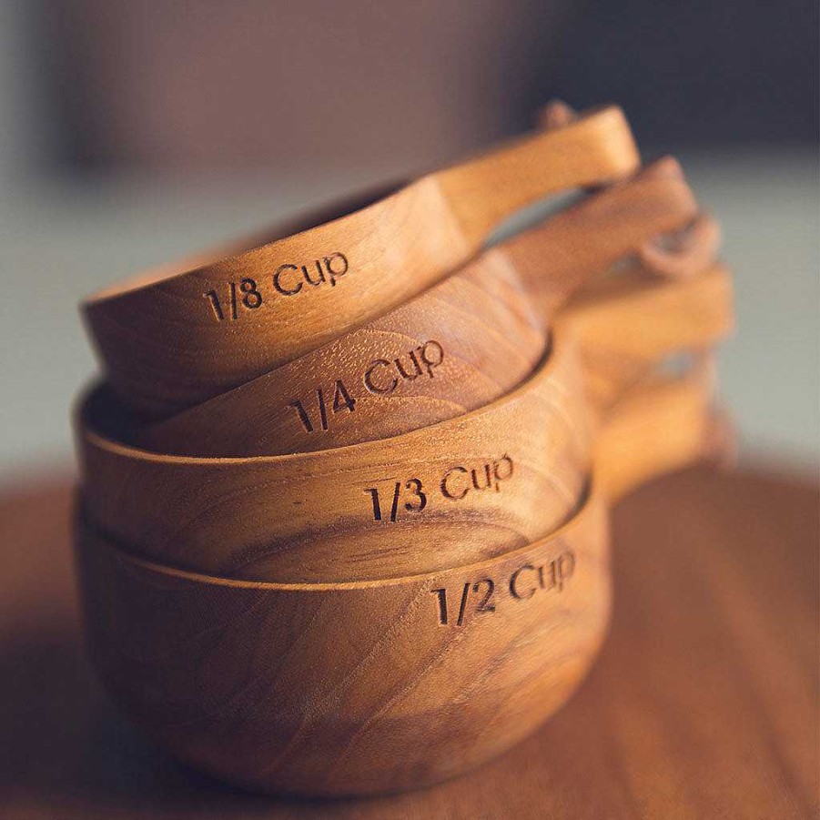 Kitchen Relish Decor | Teak Measuring Cups With Handle Set